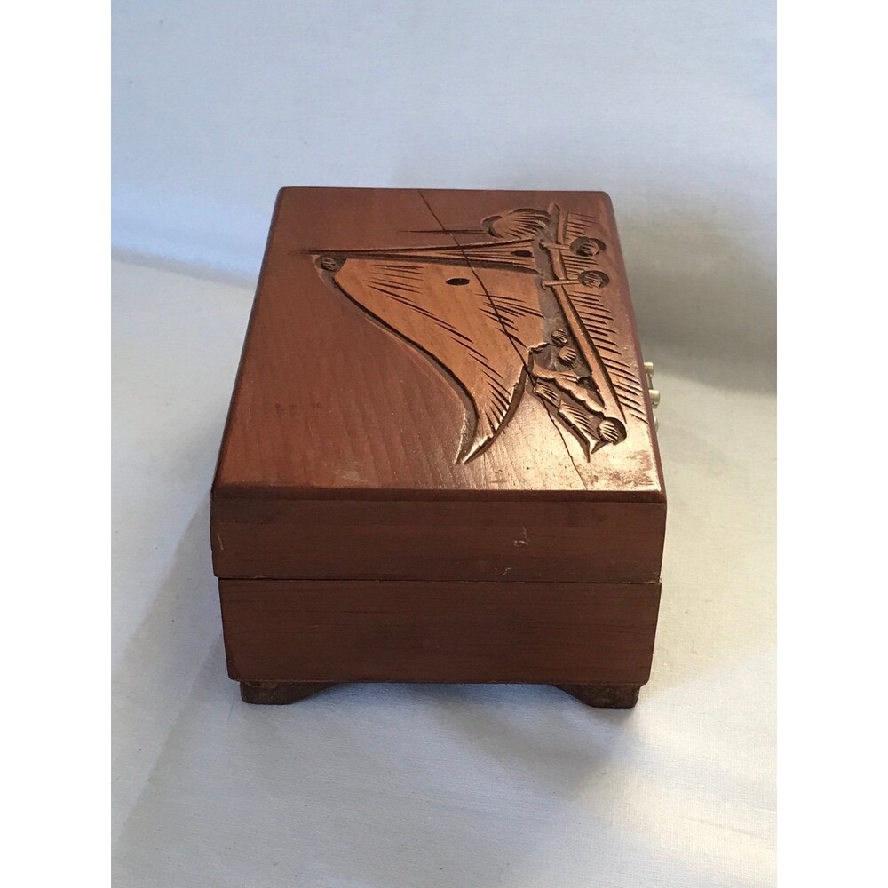 Wooden Jewelry Box with Carved Sailboat boat beach ocean trinket collectible - Picture 5 of 9
